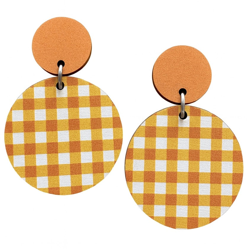 Yellow Gingham Wood Dangles
