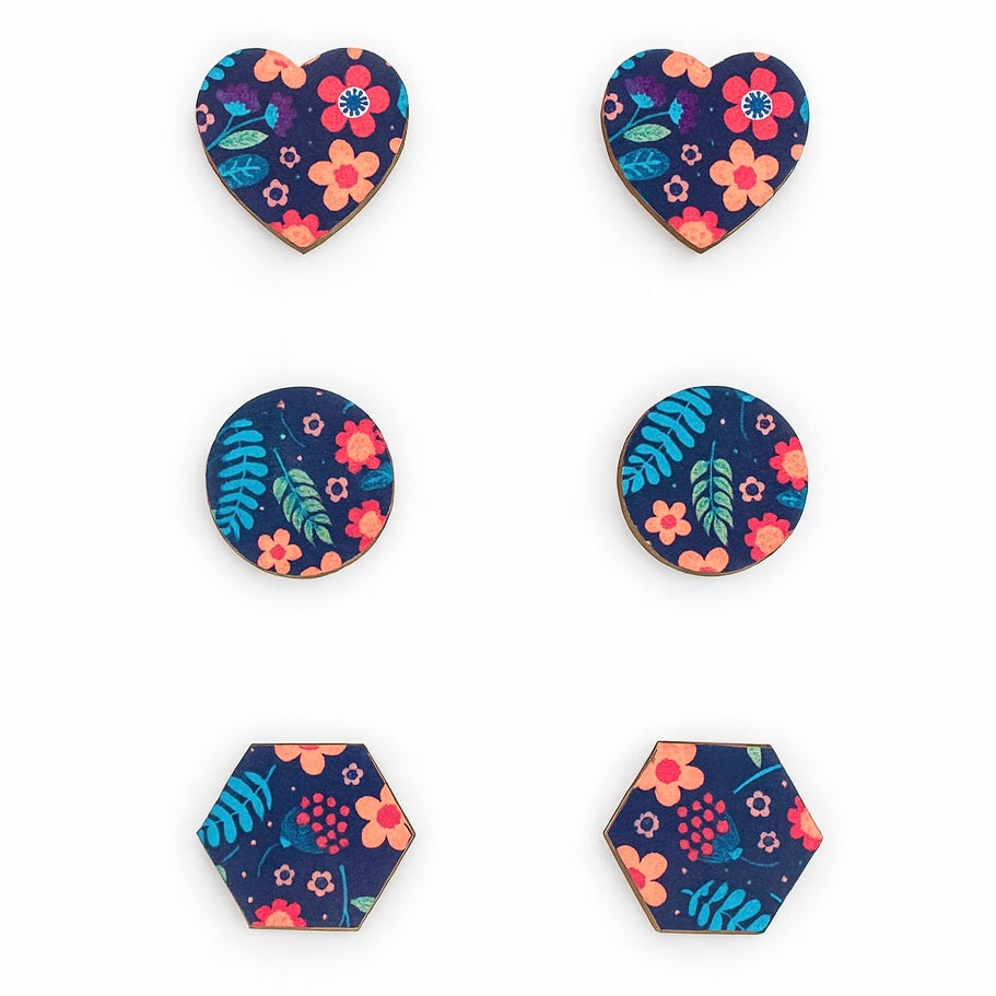 Trio Studs: Wooden Navy Floral