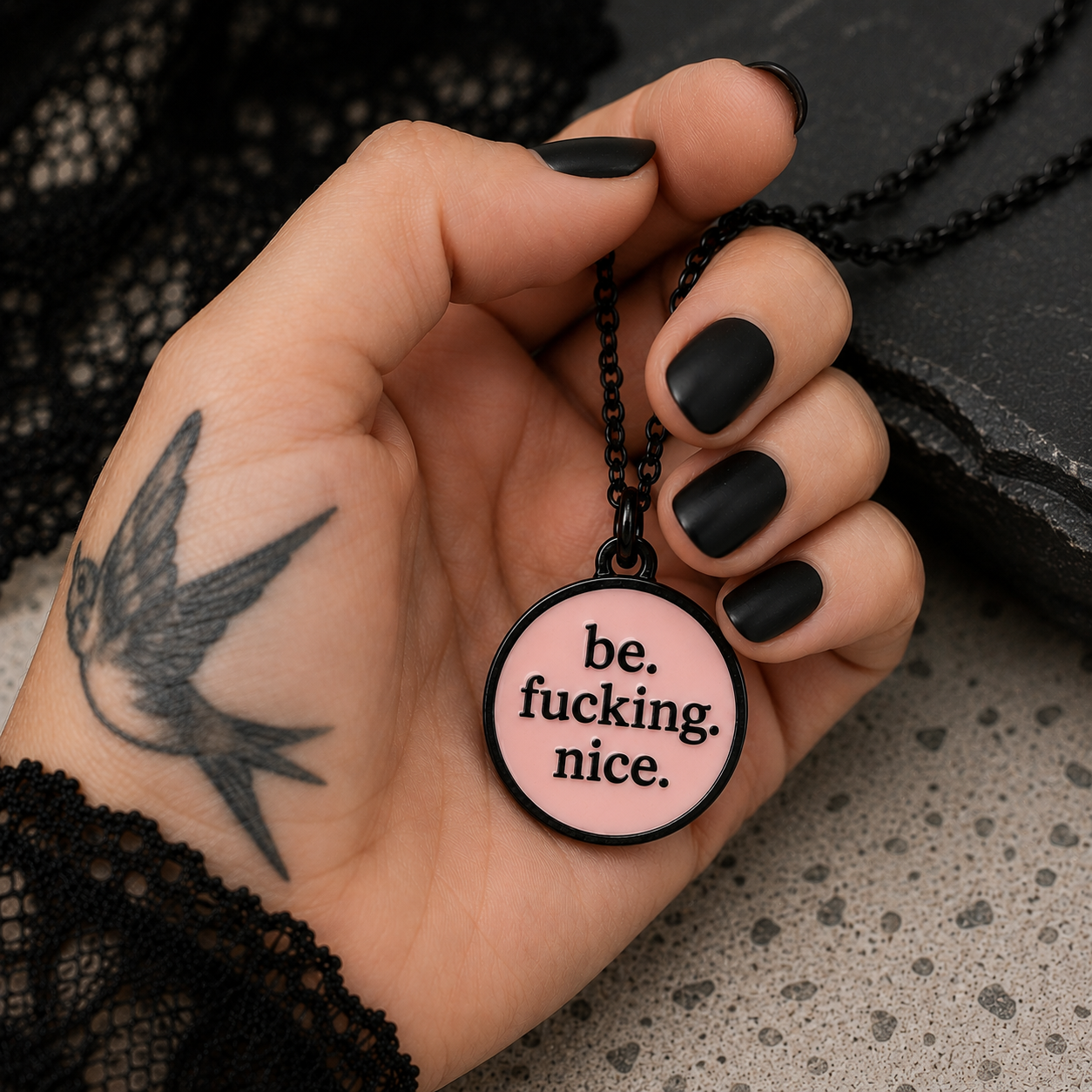 Be Fucking Nice | Pendant Necklace | Matte Black & Pink