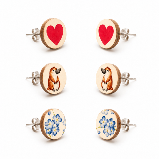 Trio Studs: Wooden Platypus / Flowers / Hearts