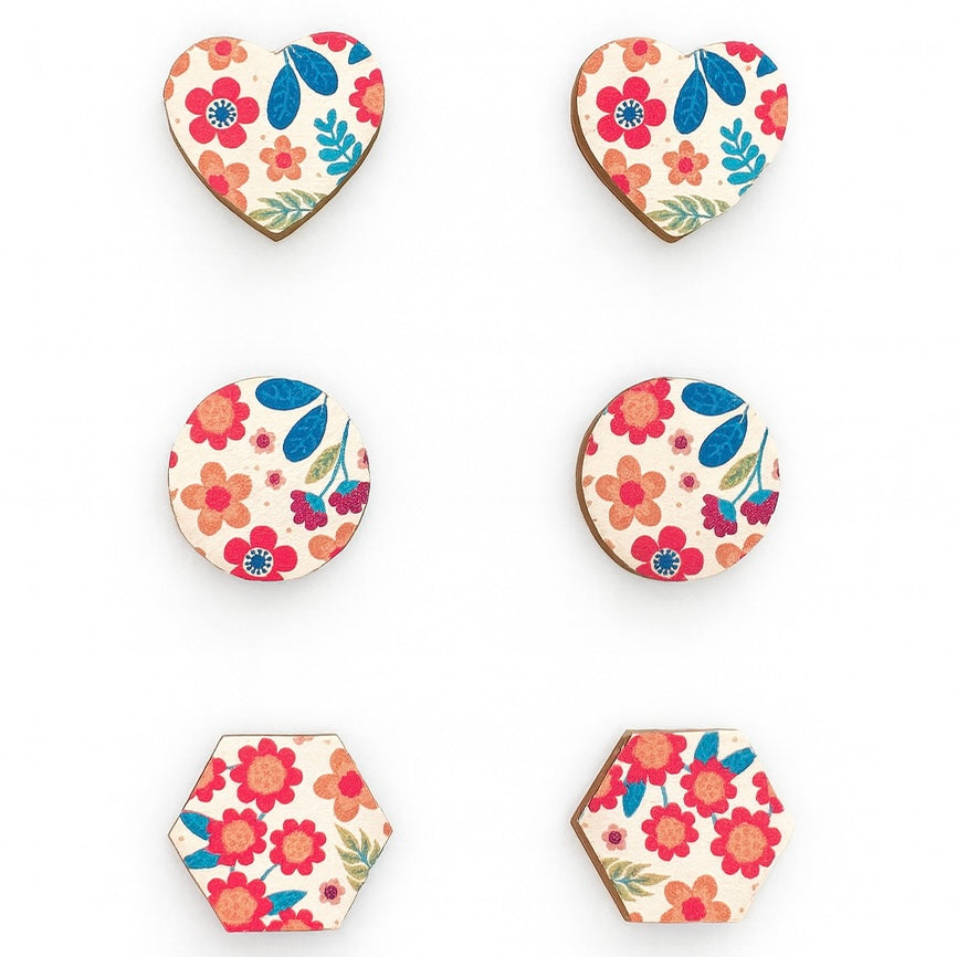 Trio Studs: Wooden White Floral