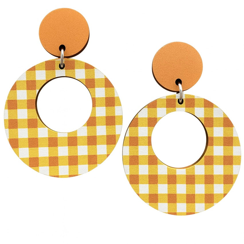 Yellow Gingham Wood Hoops