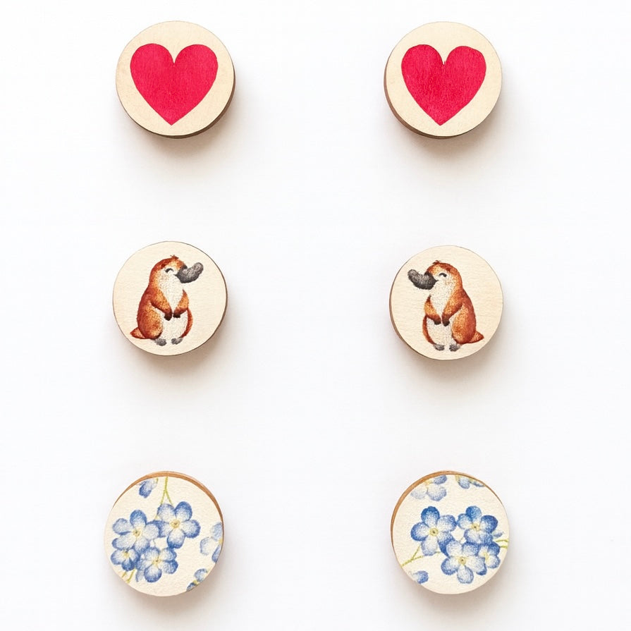 Trio Studs: Wooden Platypus / Flowers / Hearts