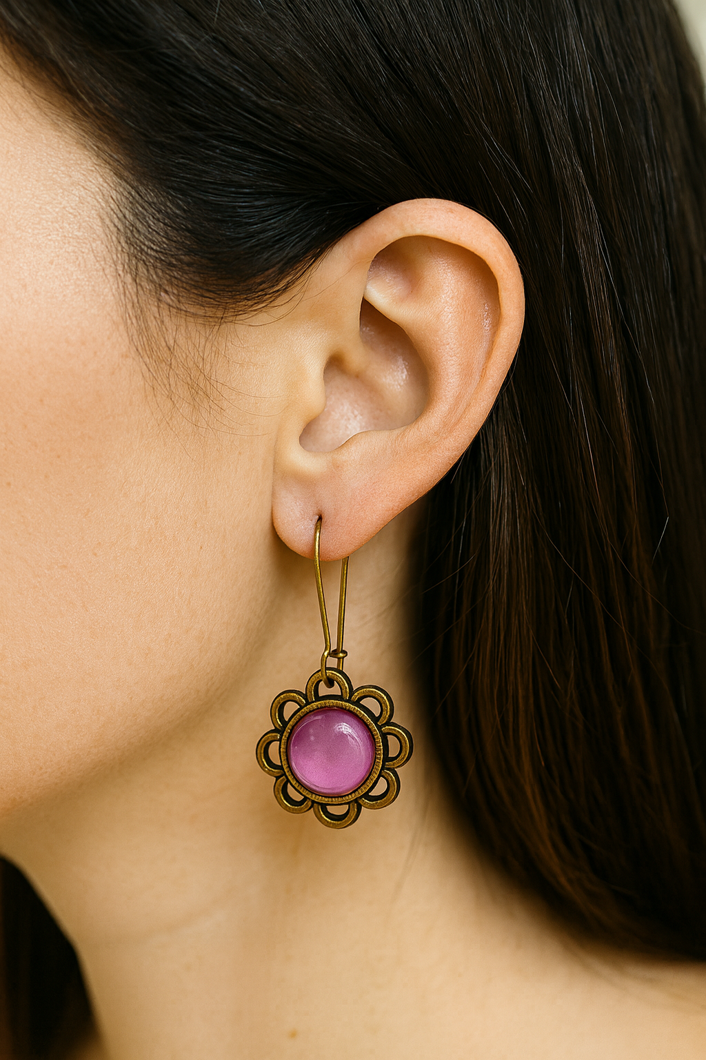 Brass Flower Dangles: Purple