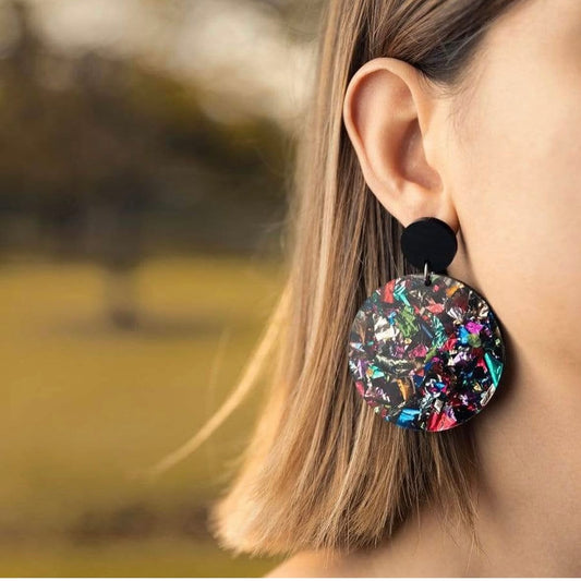 Large 50mm Round Acrylic Earrings: Rainbow Foil