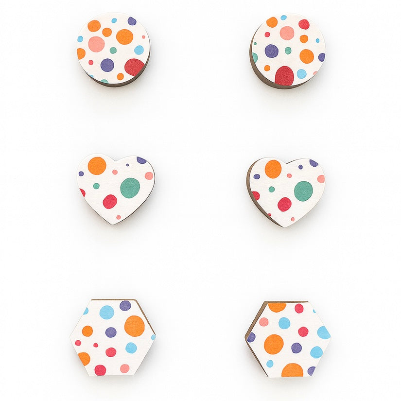 Trio Studs: Wooden Polka Dot Floral