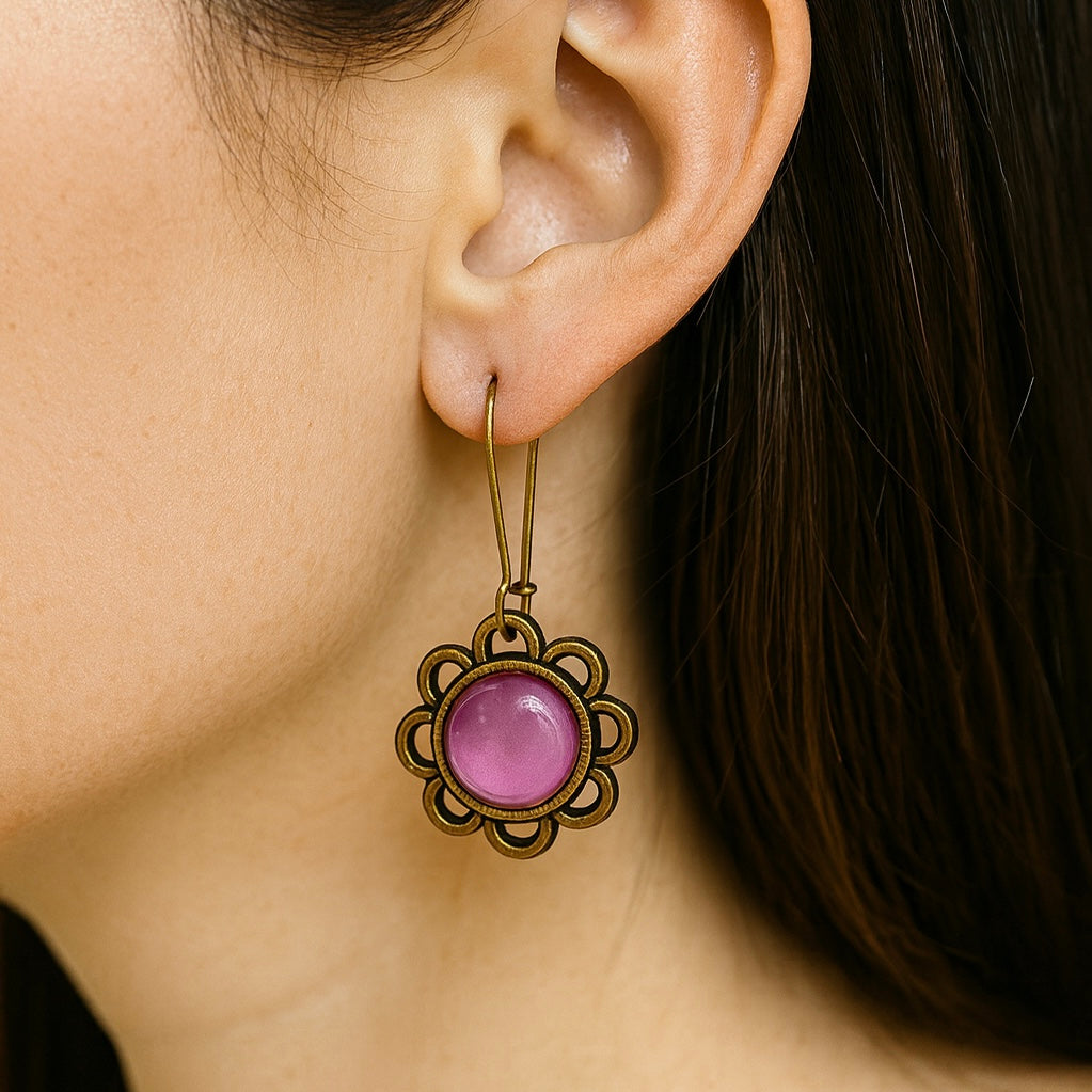 Brass Flower Dangles: Purple
