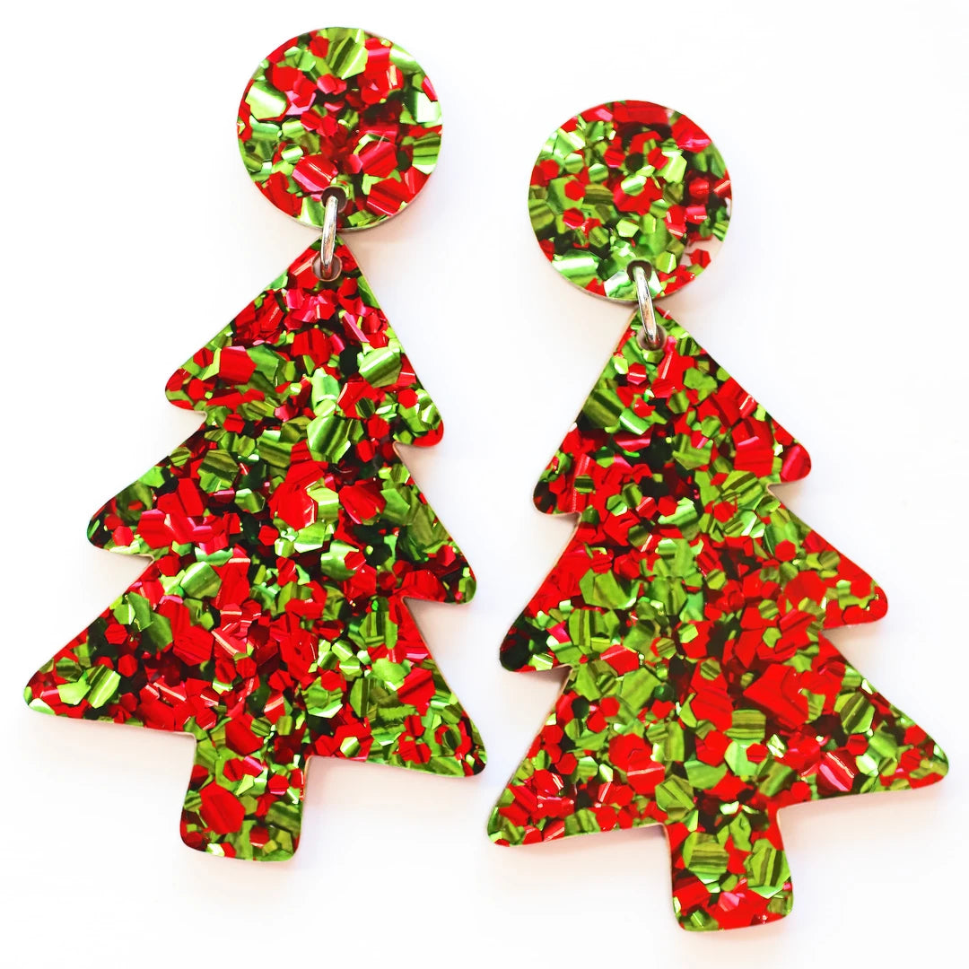 Acrylic Christmas Tree Dangles: Red & Green Glitter