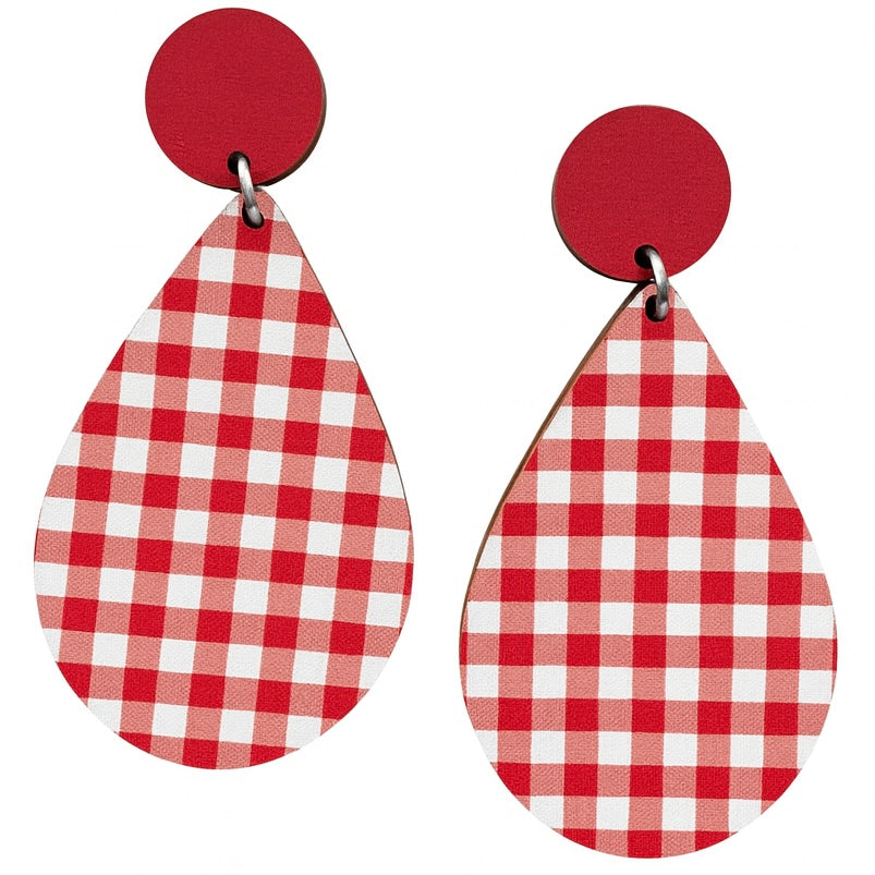 Red Gingham Wood Teardrop Dangles