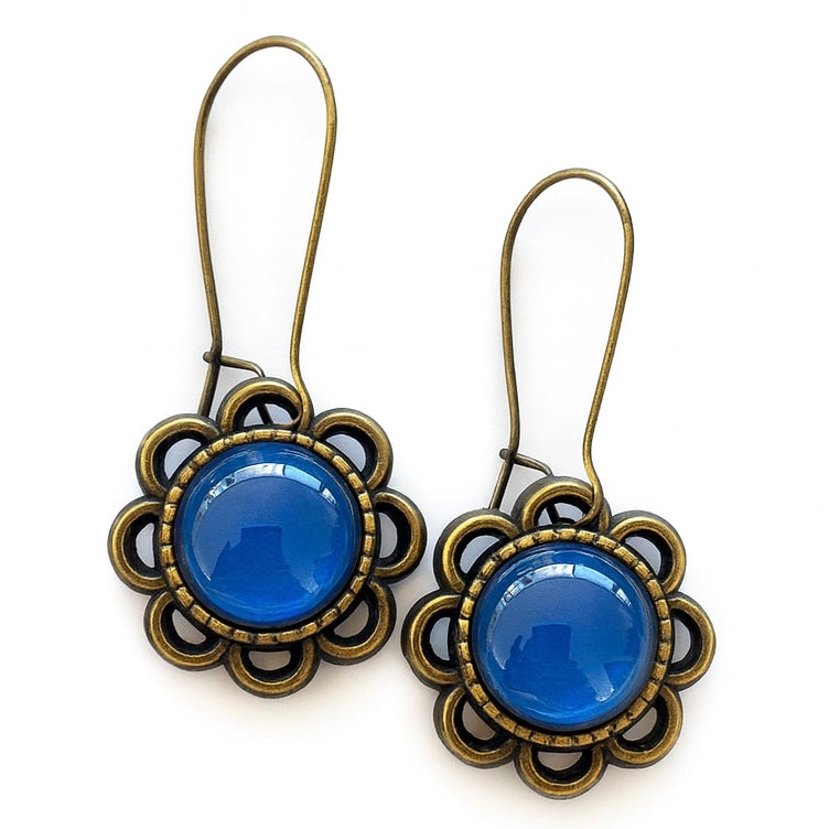 Brass Flower Dangle: Navy Blue