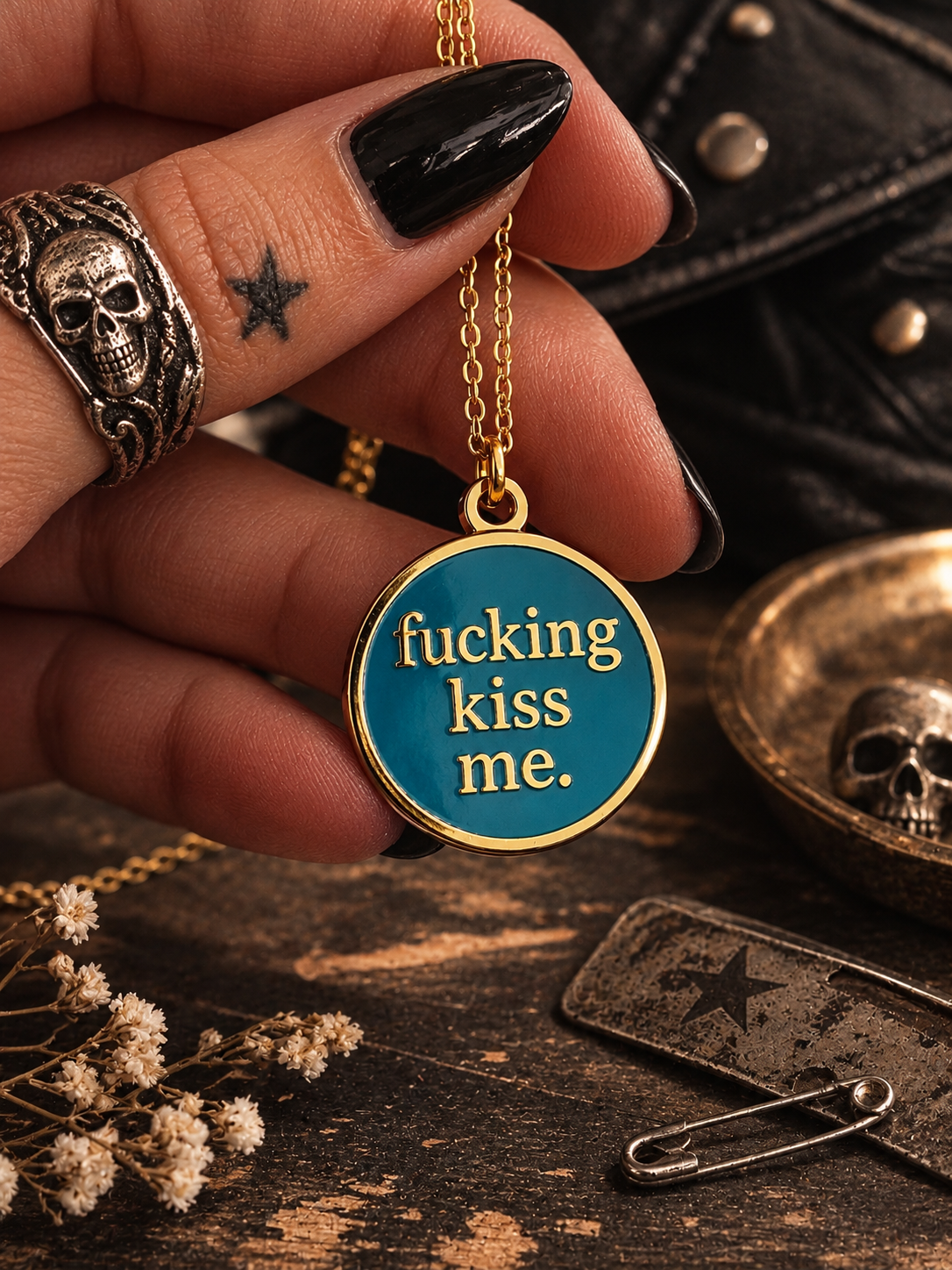 fucking kiss me. Teal / Gold - Enamel Necklace