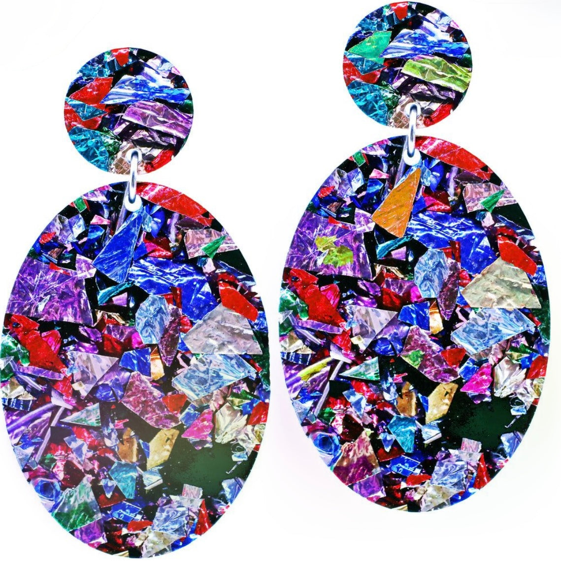 50mm Oval Acrylic Earrings: Rainbow Foil