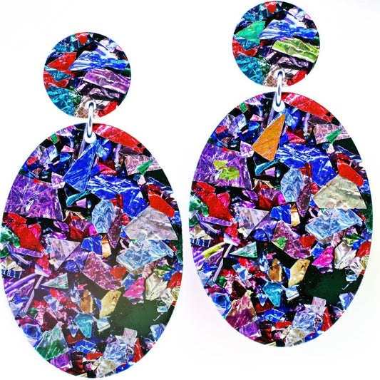 50mm Oval Acrylic Earrings: Rainbow Foil