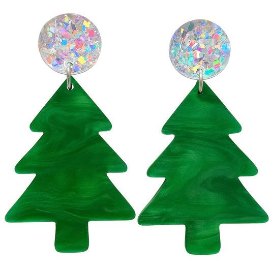 Acrylic Christmas Tree Dangles: Green & Iridescent Silver