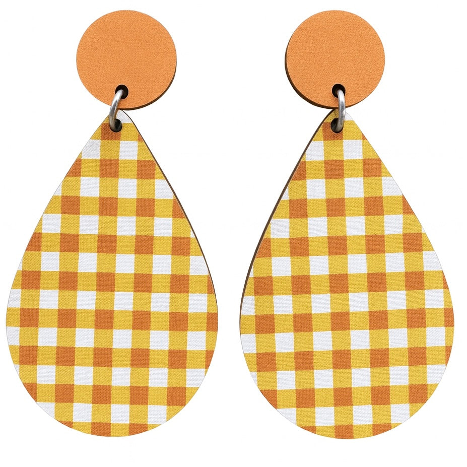 Yellow Gingham Wood Teardrop Dangles