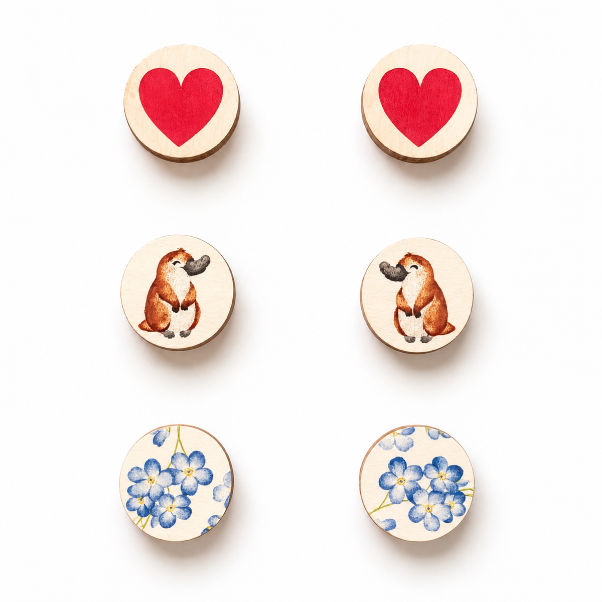Trio Studs: Wooden Platypus / Flowers / Hearts