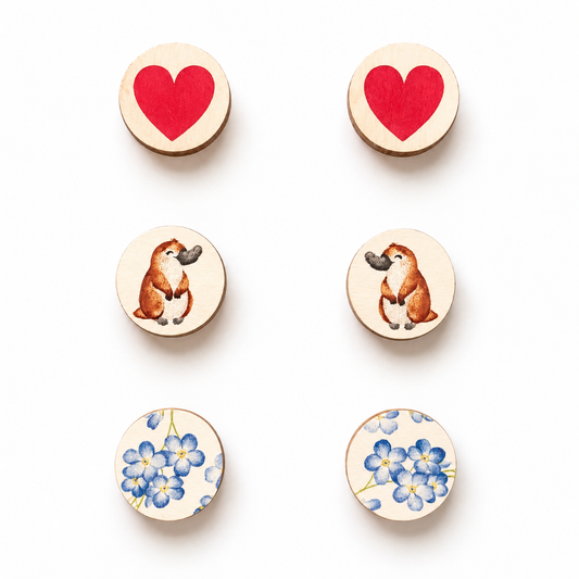 Trio Studs: Wooden Platypus / Flowers / Hearts