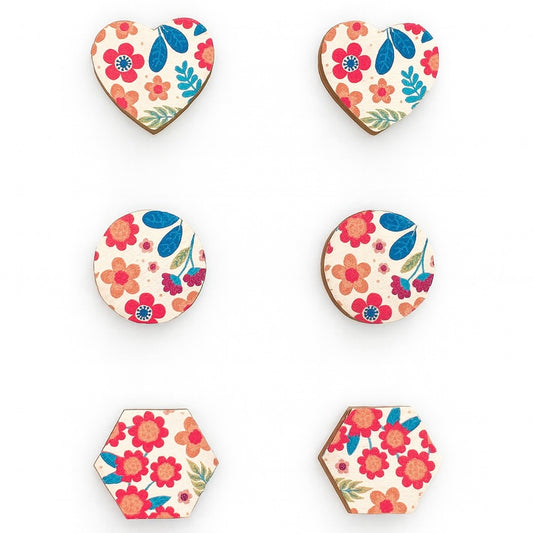 Trio Studs: Wooden White Floral