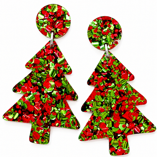 Acrylic Christmas Tree Dangles: Red & Green Glitter