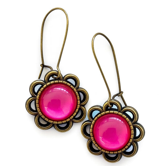 Brass Flower Dangle: Fuchsia Pink
