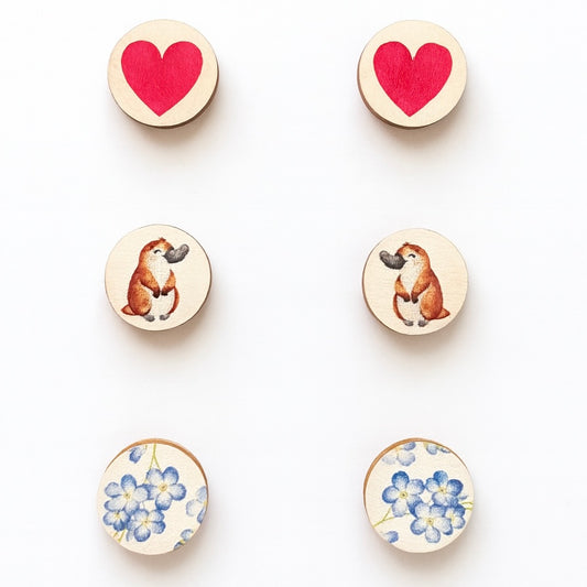 Trio Studs: Wooden Platypus / Flowers / Hearts